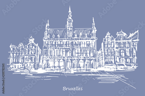 Rysynek ręcznie rysowany. Centrum Brukseli w Belgii