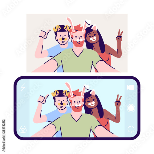 Selfie flat vector illustration. Friends take animated self photo. Picture with animal face items. Smartphone selfie app with mask filter cartoon character with outline elements on white background