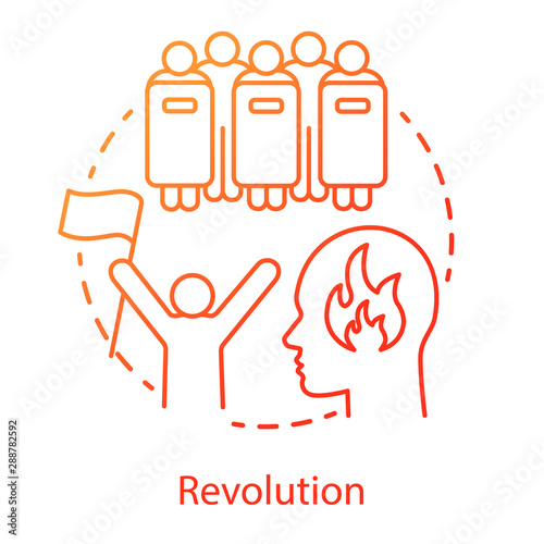 Revolution concept icon. Civil unrest idea thin line illustration. Revolutionary with flag and riot police with shields vector isolated outline drawing. Political rebellion, government overthrow