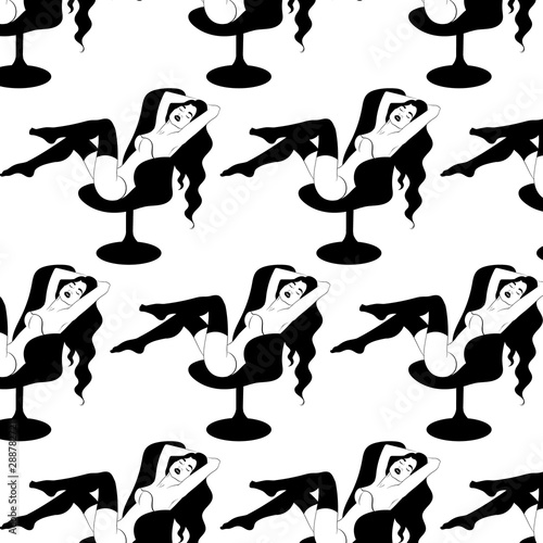 Vector pattern with hand drawn illustration of girl in armchair isolated.