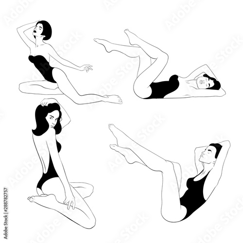 Vector hand drawn illustration of girls in swimsuits isolated.