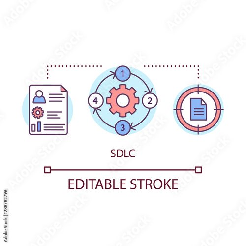 SDLC concept icon. Software development life cycle. Project management. Administration of company. Business plan idea thin line illustration. Vector isolated outline drawing. Editable stroke
