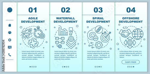 Software development methodologies onboarding mobile web pages vector template. Responsive smartphone website interface idea with linear illustrations. Webpage walkthrough step screens. Color concept
