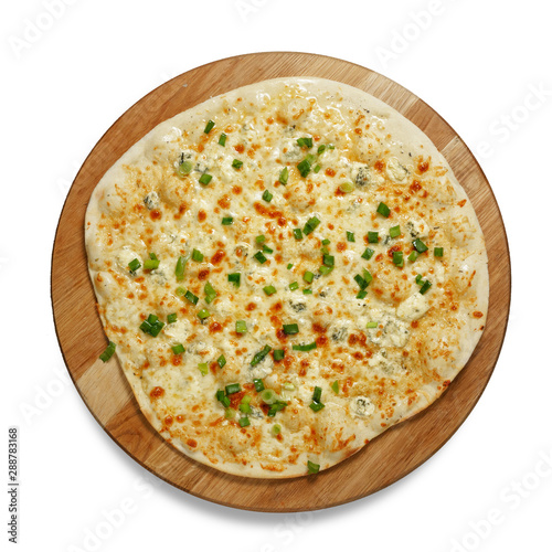Appetizing pizza on a wooden board isolated on a white background. Top view.