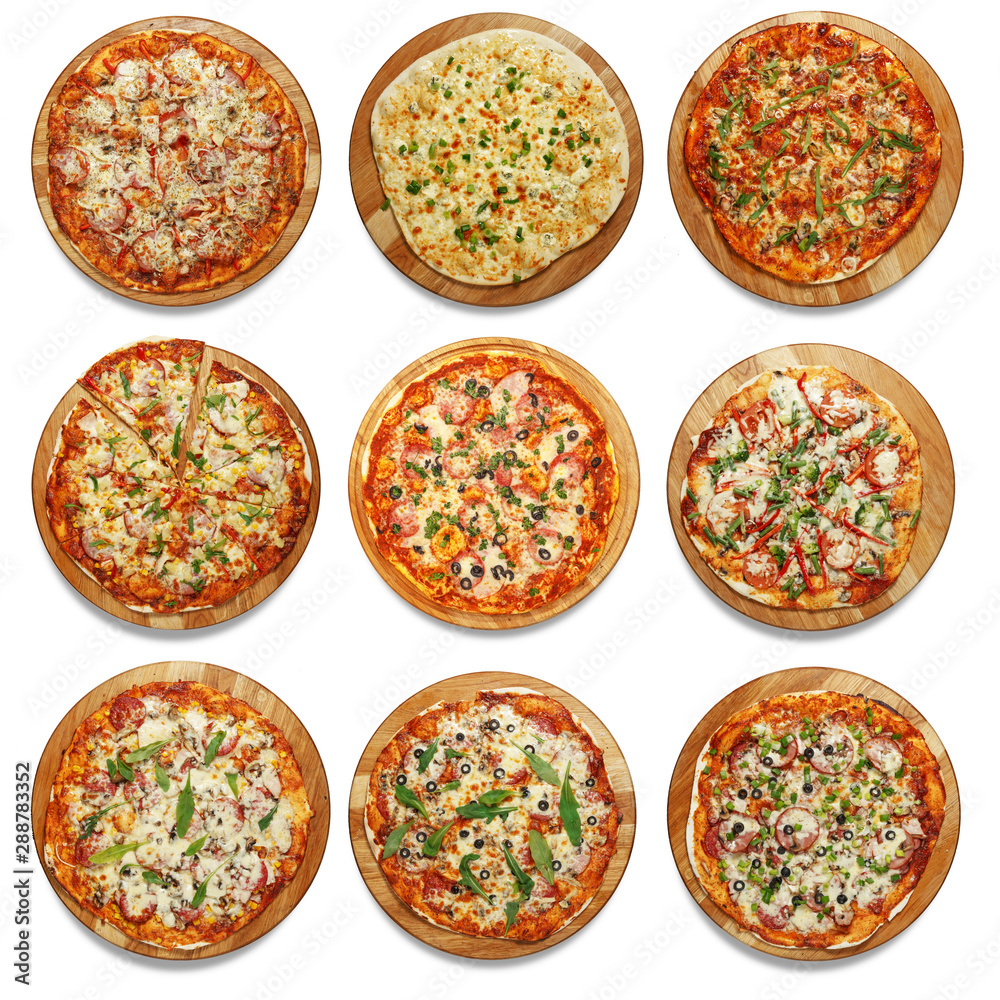 Appetizing pizza on a wooden board isolated on a white background. Top view. Appetizing pizza on a wooden board isolated on a white background. Top view.
