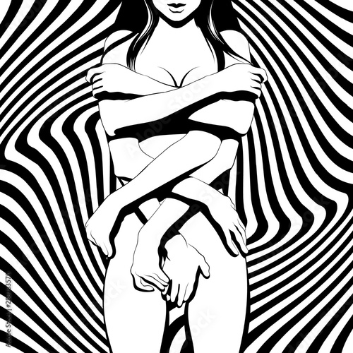 Vector hand drawn illustration of shy girl with many hands isolated.