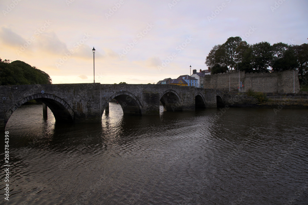 Cardigan castle and bridge in the evening