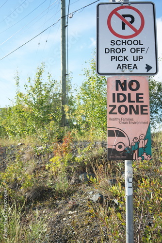 Yellowknife,Canada-September 1, 2019: School drop off pick up area no idle zone sign in Yellowknife, Canada