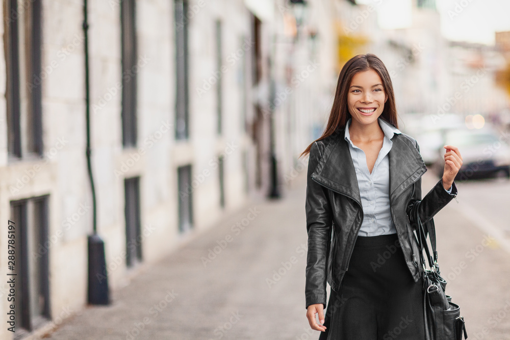 Asian woman beauty model walking in Europe city street urban lifestyle .Young  elegant people travel fashion multiracial girl walking in leather jacket in  autumn fall. Multiracial Caucasian model. Stock Photo | Adobe