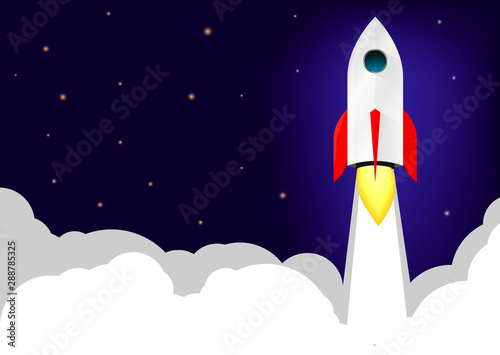 Rocket Launch, horizontal poster design template, landing page, startup project banner, vector illustration