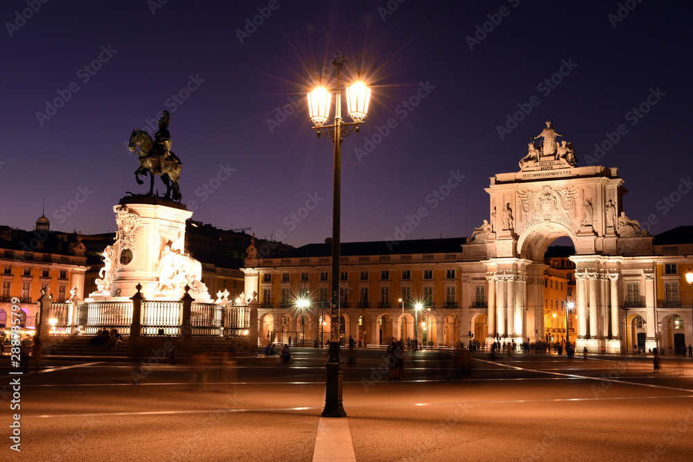 Rua Augusta Arch and statue of King jose I. next to the Praça do Comércio (Commerce square) in Lisbon night view, Portugal
