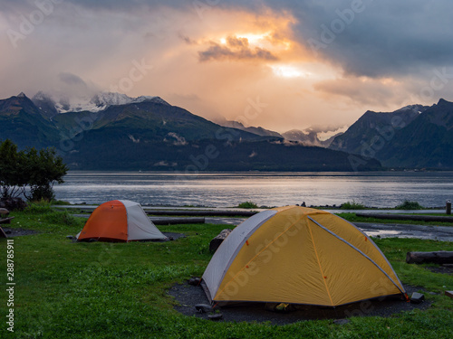 Tents on Shore of Resurrection Bay, Seward, Alaska at Sunrise photo