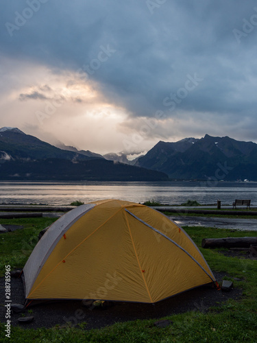 Tent on Shore of Resurrection Bay, Seward, Alaska at Sunrise