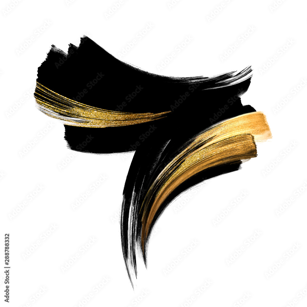 abstract black ink calligraphic shape with golden smear, modern gouache brush strokes, hand painted watercolor clip art isolated on white background, fashion illustration, splashing design element