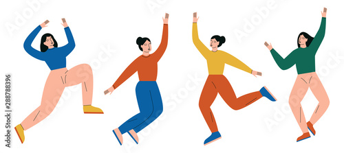 Set of happy woman jumping. People are jumping with excitement or happiness. Flat vector illustration