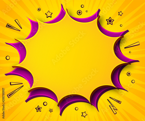 Comics background. Cartoon poster in pop art style with yellow - purple speech bubbles with halftone and sound effects. Funny colorful banner with place for text on yellow backdrop with radial stripes