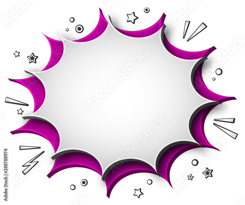Comics background. Cartoon poster in pop art style with purple- grey speech bubbles with halftone and sound effects. Funny colorful banner with place for text on white backdrop