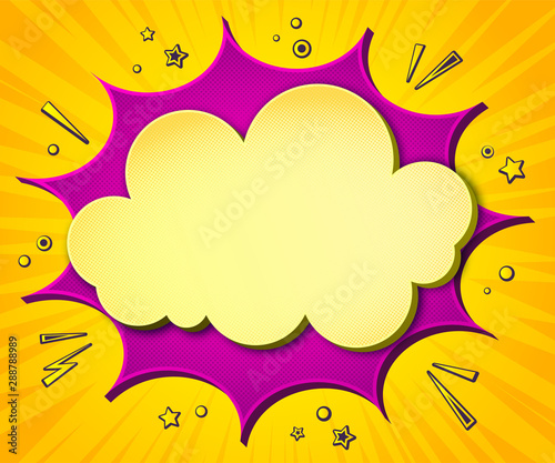 Comics background. Cartoon poster in pop art style with yellow - purple speech bubbles with halftone and sound effects. Funny colorful banner with place for text on yellow backdrop with radial stripes