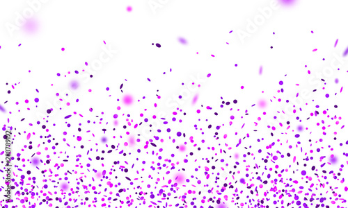 Violet confetti. Falling randomly glitter tinsel. Shiny isolated round particles on white background. Vector celebration illustration for carnival, party, anniversary or birthday.