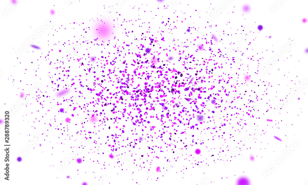 Purple confetti. Falling randomly glitter tinsel. Shiny isolated round particles on white