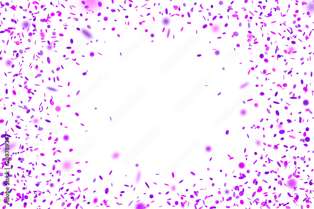 Violet confetti. Falling randomly glitter tinsel. Shiny isolated round particles on white background. Vector celebration illustration for carnival, party, anniversary or birthday.