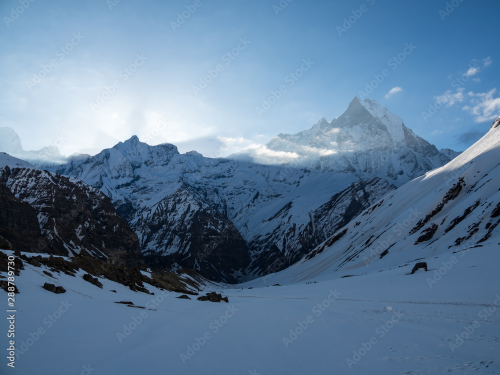 Himalayan Mountains, Machapuchare in Clouds, Annapurna Sanctuary, Nepal
