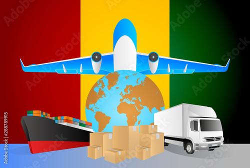 Guinea logistics concept illustration. National flag of Guinea from the back of globe, airplane, truck and cargo container ship