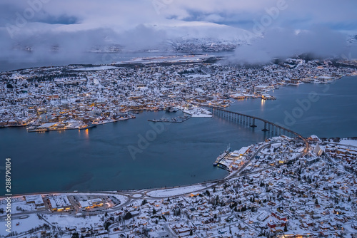 Aerial view to the city of Tromso in winter