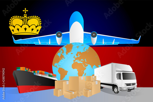 Liechtenstein logistics concept illustration. National flag of Liechtenstein from the back of globe, airplane, truck and cargo container ship
