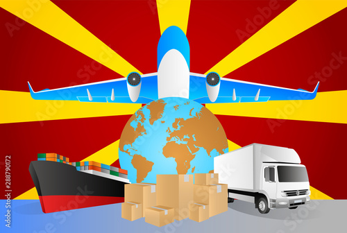 Macedonia logistics concept illustration. National flag of Macedonia from the back of globe, airplane, truck and cargo container ship