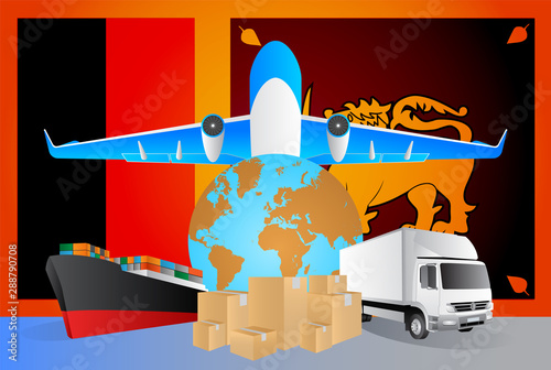 Sri Lanka logistics concept illustration. National flag of Sri Lanka from the back of globe, airplane, truck and cargo container ship