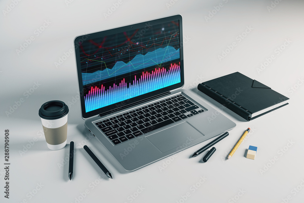 Laptop closeup with forex graph on computer screen. Financial trading and education concept. 3d rendering. Laptop closeup with forex graph on computer screen. Financial trading and education concept. 3d rendering.