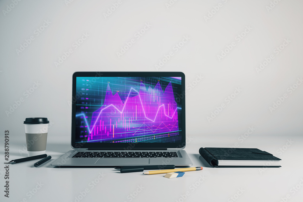Laptop closeup with forex graph on computer screen. Financial trading and education concept. 3d rendering. Laptop closeup with forex graph on computer screen. Financial trading and education concept. 3d rendering.