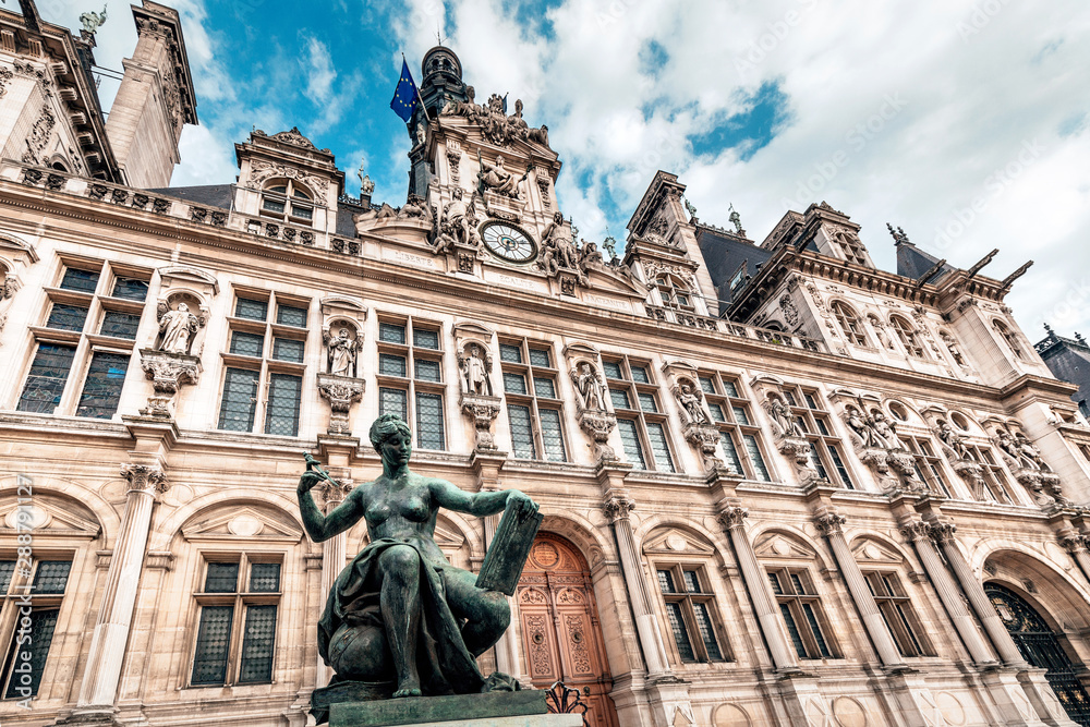 View of the town Hall Hotel de Ville in Paris. Travel attractions and destinations in France. Nowadays this building houses the municipal authorities
