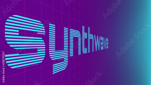 Word synthwave on perspective grid. Letters formed by blue horizontal lines. Purple glowing under text and blue glowing in right part. Retro future geometric template. 80s style illustration