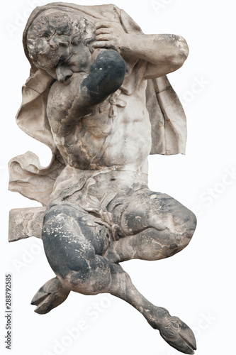 Antique statue isolated on white background. Pan (Faunus) God of the wild, nature and rustic music. He has the hindquarters, legs, and horns of a goat.
