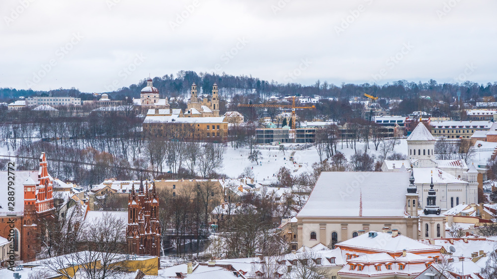 Areal view of old town of Vilnius, Lietuva in winter.