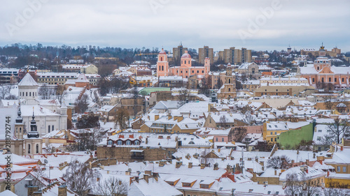 Areal view of old town of Vilnius in winter. Capital of Lietuva.