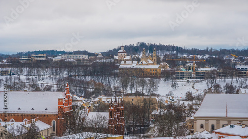 Areal view of old town of Vilnius in winter. Capital of Lietuva.