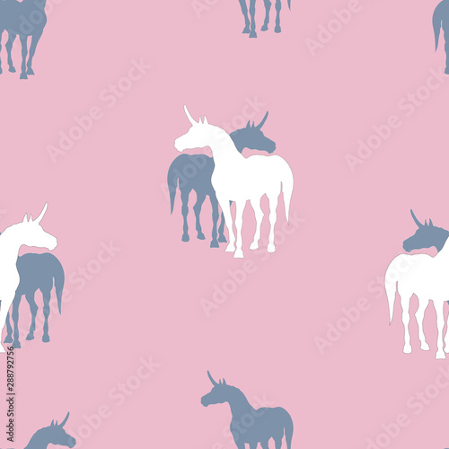 seamless background of silhouettes of unicorns on pink background