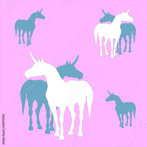vector isolated silhouettes of unicorns on colored background