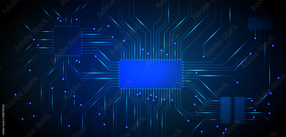 Vector microchip processor, circuit board background with lights on the blue background. Central Computer Processors CPU concept. Technology concept. Motherboard, digital chip. Dark background 