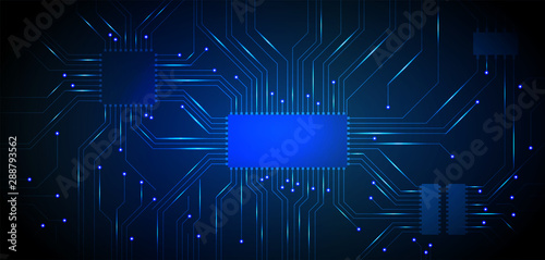 Vector microchip processor, circuit board background with lights on the blue background. Central Computer Processors CPU concept. Technology concept. Motherboard, digital chip. Dark background 