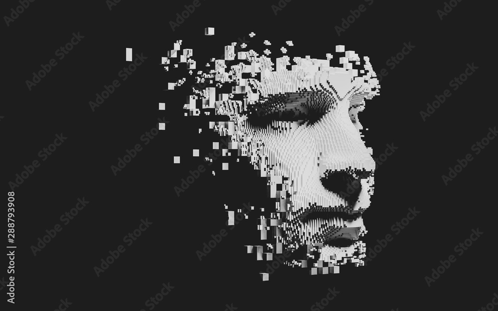 Abstract digital human face. Artificial intelligence concept of big data or cyber security. 3D illustration Abstract digital human face. Artificial intelligence concept of big data or cyber security. 3D illustration