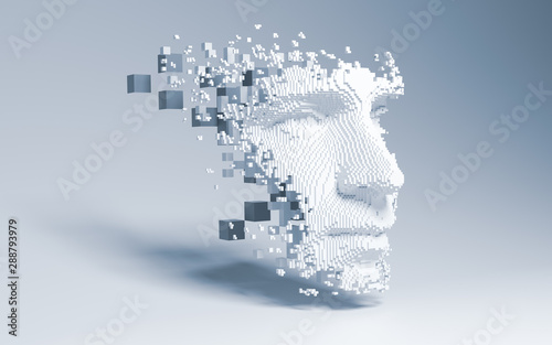 Abstract digital human face.  Artificial intelligence concept of big data or cyber security. 3D illustration  photo