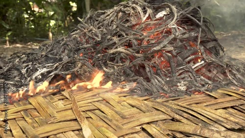 A close shot of burning fire in village photo