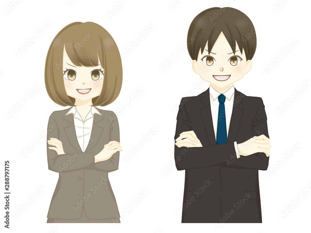 スーツ-腕を組む女性・男性-強気な笑顔 スーツ-腕を組む女性・男性-強気な笑顔