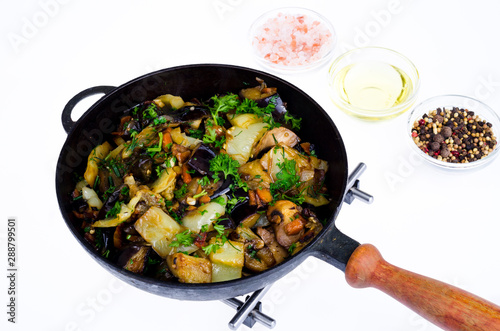 Vegetable stew pan saute isolated on white background