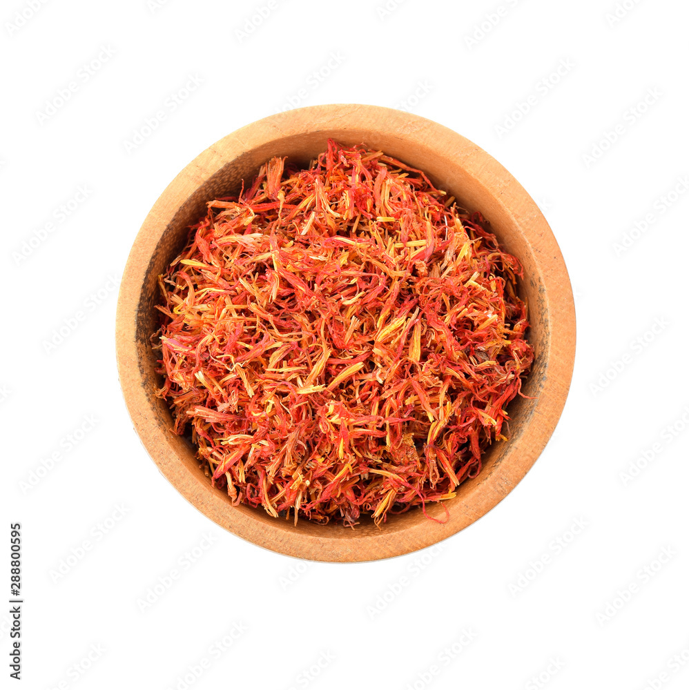 Safflower petals isolated on white background Safflower petals isolated on white background