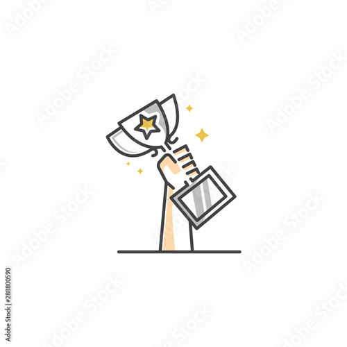 the winner with a hand holding a trophy logo vector icon ilustration 